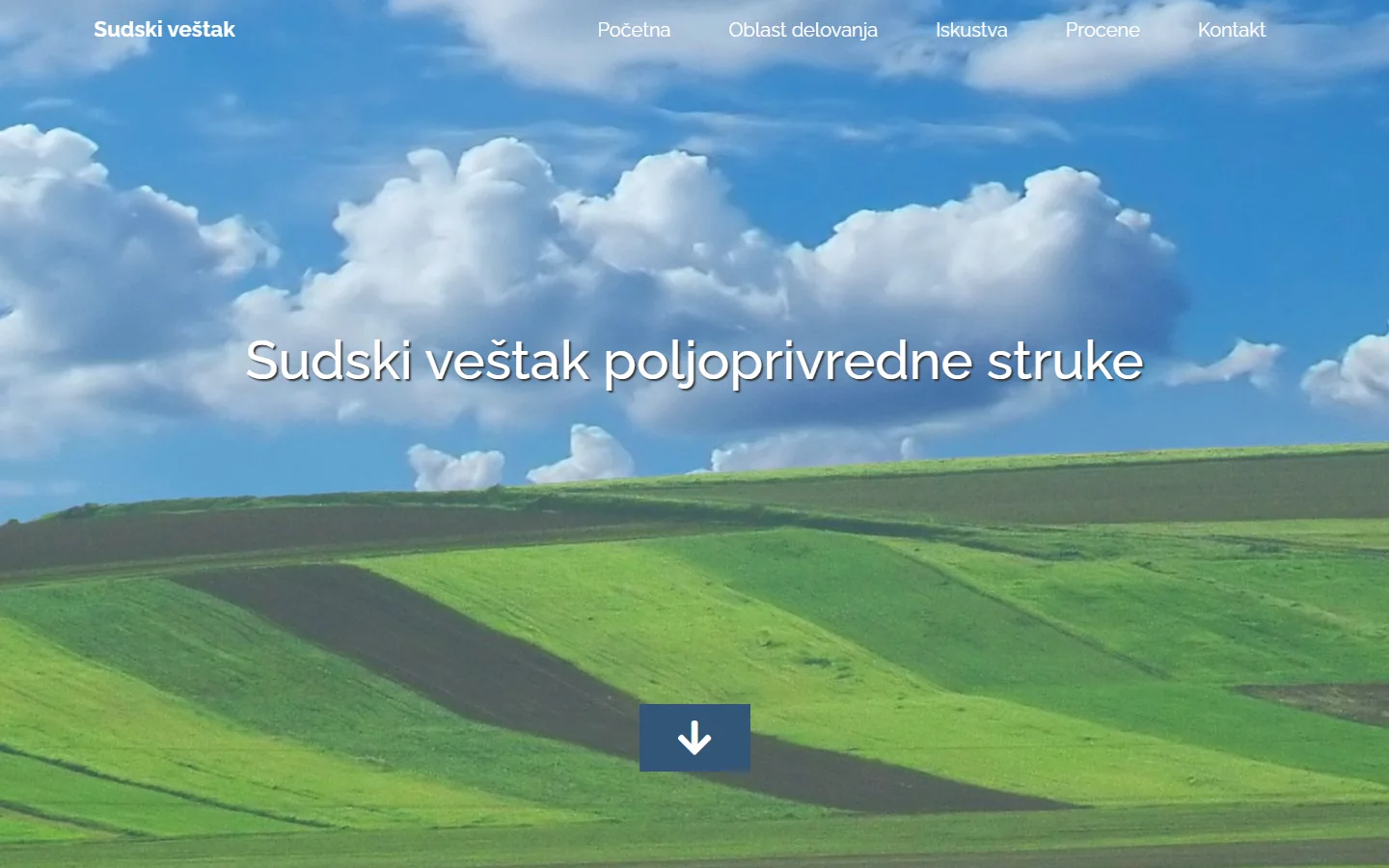 Stari sajt: generička fotografija neba i polja, tanka bela navigacija, malo sadržaja.