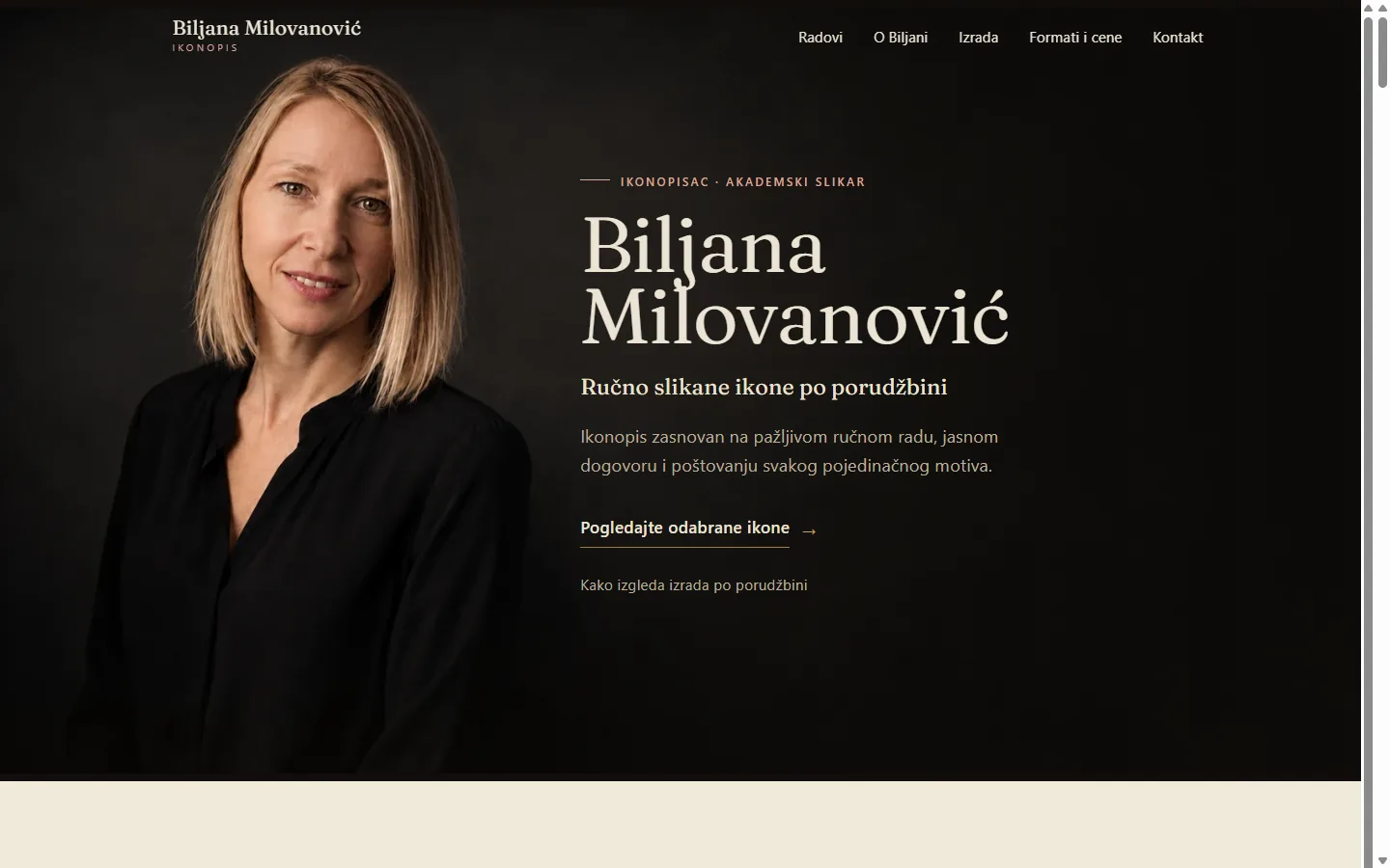 Naslovna strana sajta ikonopisca: portret autorke levo, ime Biljana Milovanović u svetlom serifu desno, tamna pozadina.