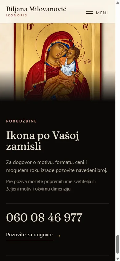 Sajt ikonopisca na telefonu: fotografija ručno slikane ikone i naslov Ikona po Vašoj zamisli.