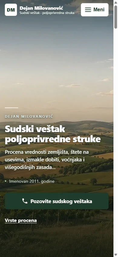 Sajt sudskog veštaka na telefonu: ime, meni i dugme za poziv preko fotografije polja.