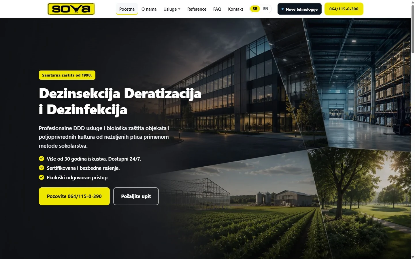 Novi sajt firme SOVA: tamna naslovna strana sa naslovom Dezinsekcija Deratizacija i Dezinfekcija i žutim dugmetom za poziv.